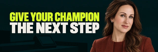 Stacy Bishop beside the headline “GIVE YOUR CHAMPION THE NEXT STEP”